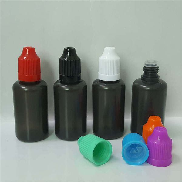 Bouteille d'huile PE noire fumée 30 ml, bouteilles goutte-à-goutte vides en plastique souple, bouchons colorés à l'épreuve des enfants pour essence, liquides, jus, huiles, atomiseurs, emballage de remplissage