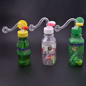 Accesorios para fumar Venta al por mayor mini botella de bebida de plástico colorido agua dab rig bong pipe con 10 mm macho quemador de aceite tazón y pajita de silicona