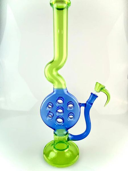 Smoking glass Swiss bong fluoenrent vert et bleu swiss bang 16 pouces 14mm 2 percs en ligne ajouter un bol en corne en cadeau