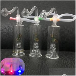 Pipas para fumar 1Set Mini Bong de vidrio Reciclador de agua Dab Rig Led Light Hand Hookah Grueso Pyrex Bongs de vaso pequeño con quemador de aceite de 10 mm Dh6Oy