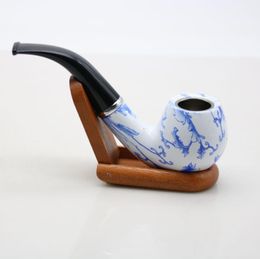 Smoking Pipes Pipe en bois de résine courte en poterie bleue et blanche 145mm tuyau de filtre amovible