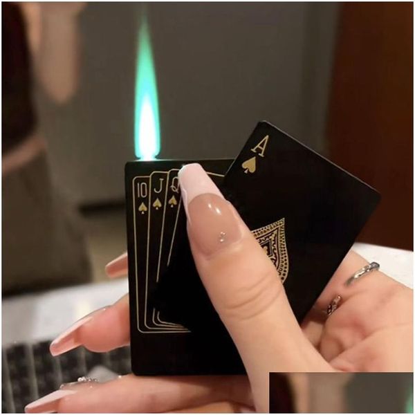 Pipas para fumar Creative Jet Torch Green Flame Poker Encendedor Metal a prueba de viento Naipes Novela Accesorios de juguete divertidos Regalo Drop Delive Dhoms