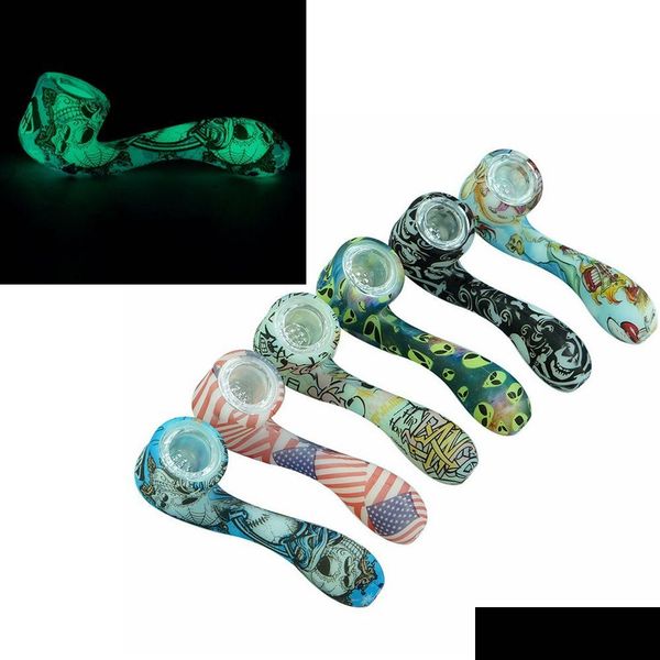 Pipas para fumar Dhs Glow In The Dark Sile Glass Pipe para 7 Word Shape con Den Bowl Piece Bent Spoon Type Irrompible Drop Delivery Ho Dhypz