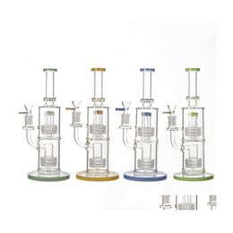 Tuyaux Pour Fumer Double Matrice Stéréo Narguilés 11 Pouces D'épaisseur Bongs En Verre Birdcage Perc Eau Colorée 14Mm Joint Huile Dab Rigs Jaune Gree Dhntm