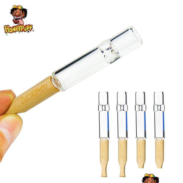 Pipas para fumar Honeypuff Glass Pipe Clear One Hitter con madera desmontable Moutiece Filtro de boca de madera Tabaco Humo Gota Entrega Hogar Ot8Rb