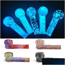 Pipas para fumar Luminous Patterned Sile Hand Pipe Glow In The Dark 3.5 Ambientalmente FDA Siles Waters Vs Glass Water Bong Drop Deliv Dhdse