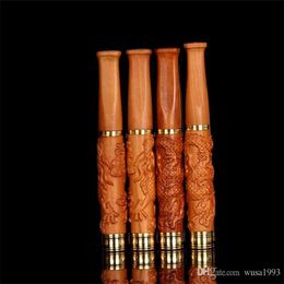 Pipes pour fumer Nouvelle technologie de sculpture sur soie dorée porte-cigarette en bois massif tête de cuivre amovible tige de traction double tuyau de filtration