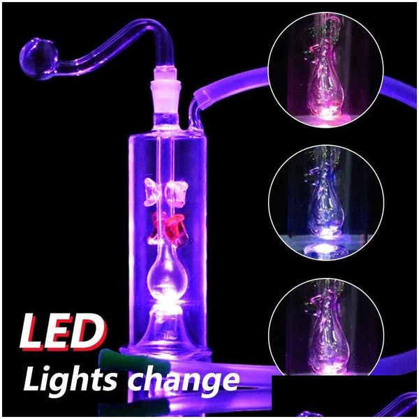 Pipes à fumer Portable Shisha Huile Narguilés Dab Rig LED Changement de couleur Narguilé Tuyaux en verre Lumières Bongs Percolater Bubbler Eau avec Toba Dhn0Q