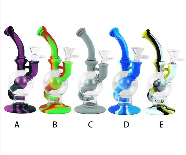 Pipas para fumar Manguera de silicona Cachimbas de vidrio Pipa de agua Bongs de tabaco antiadherentes al por mayor 7.4 '' Forma única de bolas pequeñas