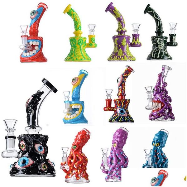 Pipes À Fumer Unique Beaker Bongs Style Halloween Narguilés Heady Glass Water Octopus Dab Rigs 14Mm Joint Avec Bowl Eye Dents 3D 6 Inc Dhlyb