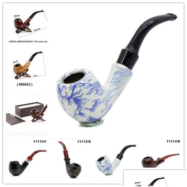 Pipes à fumer en bois couleur acrylique tabac à la main pipe à cigarettes porcelaine bleue et blanche avec sac de support de boîte-cadeau 7 styles Drop Deliv Dhbr0