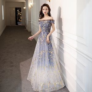 Smoky Blue With Gold Printing Prom Dress Strapless Lace-Up Verstelbare Back Floor Length Evaveing ​​Towns Feestjurken
