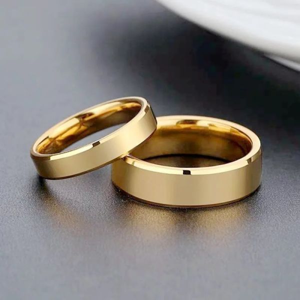 Bagues de Couple en or jaune lisse 14 carats, couleur or Simple 4MM 6MM pour femmes et hommes amoureux, bijoux de mariage, cadeaux de fiançailles