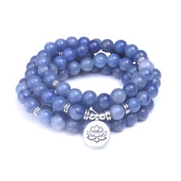 Gladde blauwe Aventurine Kralen 108 Mala Armbanden Natuursteen met Lotus, Boeddha, Om Charms Dames Meditatie Sieraden