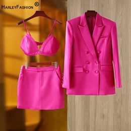 Tecido de cetim liso fusicha 3 peças blazer terno moda elegante rua mini saia feminina roupas de qualidade 240108