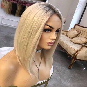 Glad rechte volle kant menselijk haar pruik honing licht blond ombre 13x4 transparante kanten frontale pruiken voor vrouwen korte bob maagd