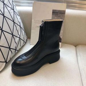 glad de rij lederen enkellaarzen platform zipper slip-on ronde teen blok hakken platte wiggen bootie comfort