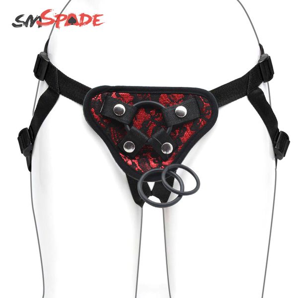 SMSPADE séduction noir avec dentelle rouge Strapon godes harnais Couples lesbiens produits sexy jouet de jeu pour adultes
