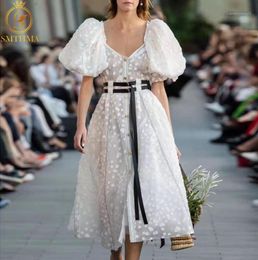 SMTHMA 2020 NOUVELLE FACE FEMMES039S DOT Robe Vneck Puff Sleeve High Affiche avec des ceintures Summer Long Robes Vestido13301375