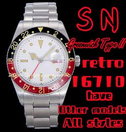 SN 16710 retro Greenwich type II GMT luxe herenhorloge 2836-2 mechanisch uurwerk 904L roestvrij staal 40 mm dual time zakelijke stalen band casual acht