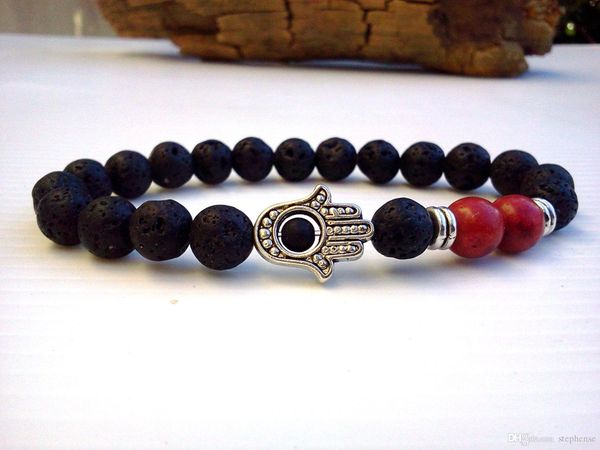 SN0290 Bracelet Hamsa de haute qualité Bracelet main Fatima Rouge Turquoise Bonne chance Lava Rock Stone Bracelet Hommes