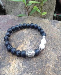 SN0372 Bracelet de lave noir Antique Silver Bouddha Head Bracelet Natural White Turquoise Stretch Mala Braclets for Men8357380