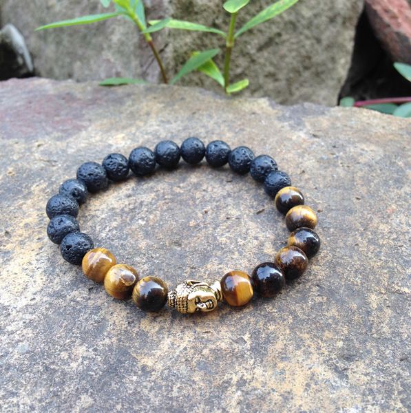 Bracelet bouddha en or SN0377, œil de tigre jaune, bracelet de yoga mala, perles de guérison en lave, vente en gros, livraison gratuite