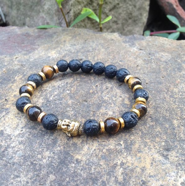 SN0378 faites-vous votre propre bracelet de perles homme oeil de tigre or bracelet tête de bouddha bijoux en pierre de lave bracelets de bijoux mala