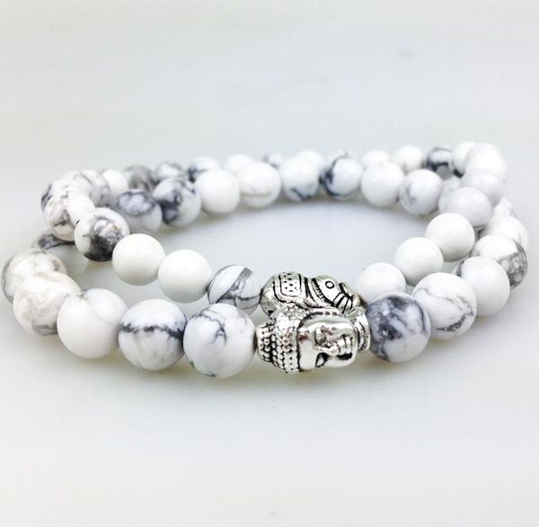 SN0412 6mm 8mm Naturel Blanc Turquoise Bracelet Ensemble Argent Éléphant Bracelet Bouddha Mala Hommes Bracelet Cadeau De Noël