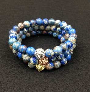SN0446 8mm bleu mer sédiments pierre perles 18K or Rose or argent tête de Lion Bracelet, 2016 nouveau Design haute qualité bijoux pour hommes