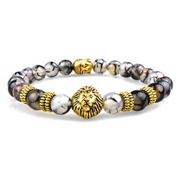 SN0630 Nueva pulsera de león y Buda Espaciador de oro Pulsera de estiramiento de León de oro Pulsera de ágata Mala de línea negra Pulsera de Buda