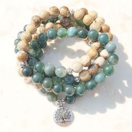 SN1005 Ágata musgosa Imagen Jaspe 108 Cuentas Mala Collar de yoga Árbol de la vida Pulsera envolvente Mala Todo sobre la naturaleza y Meditati301c