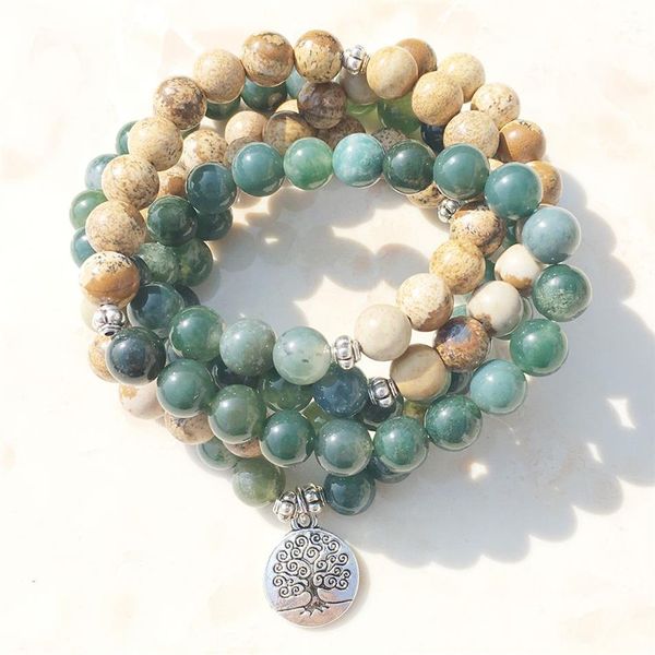 SN1005 Moss Agate Picture Jasper 108 Perles Mala Collier de Yoga Arbre de Vie Bracelet Mala Tout sur la Nature et la Méditation310e