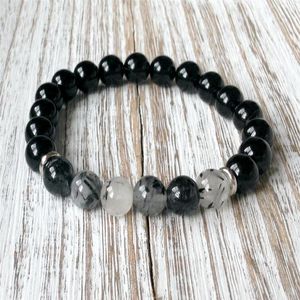 SN1055 Bracelet à Quartz rutilé en Onyx noir de qualité supérieure Bracelet de guérison Bracelet Chakra coeur Yoga bijoux 3013