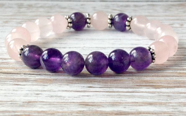 SN1067 Vente Chaude Rose Quartz Améthyste Bracelet Poignet Mala Perles Guérison Cristaux Bracelet Coeur Chakra Bijoux