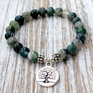 SN1072 Genuine Moss Agate Pulsera de moda Pulsera de yoga Muñeca Mala Beads Árbol de la vida Pulsera de curación Naturaleza de piedra Joyería budista