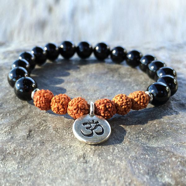 SN1081 Black Agate Rudraksha Bracelet Bracelet Bracelet noir de haute qualité Rustique Yoga Mala Perles bijoux en gros