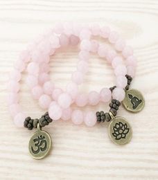 SN1107 Bracelet de quartz rose authentique Bracelet en laiton antique Om Bouddha Lotus Charm Bracelet Gift pour HER5068493