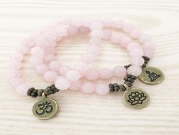 SN1107 Echte Rose Quartz Bracelet Antiek Brass OM Boeddha Lotus Charm Bracelet Cadeau voor Her6962462