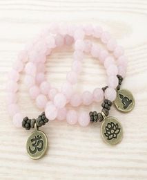 SN1107 Echte Rozenkwarts Armband Antiek Messing Om Boeddha Lotus Bedelarmband Cadeau voor Her6026007