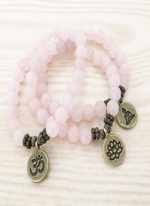 SN1107 Echte Rose Quartz Bracelet Antiek Brass OM Boeddha Lotus Charm Bracelet Cadeau voor HER4329411