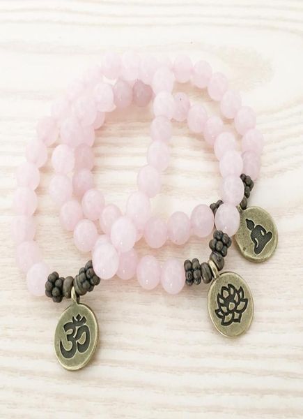 SN1107 brazalete de cuarzo de rosa genuino antiguo om buddha loto encanto regalo para HER4329411