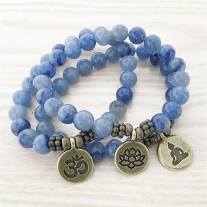 SN1108 Pulsera hecha a mano de alta calidad, pulsera de Aventurina azul, pulsera de latón antiguo Om Buddha Lotus Charm, regalo para Him254y