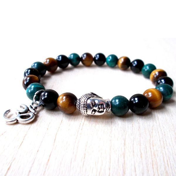 Bracelet en pierre naturelle pour hommes, SN1136, œil de tigre, bouddha Ohm, breloque, Yoga Mala, bijoux, vente en gros