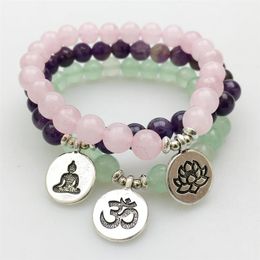 SN1140 Bracelet femme mode améthyste vert Aventurine Rose Quartz Mala Bracelets Lotus Ohm bouddha Bracelet 313t