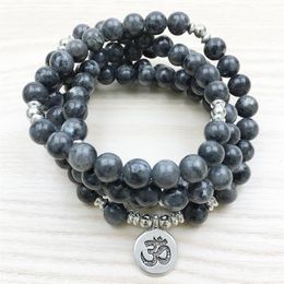 SN1146 Pulsera envolvente de labradorita de diseño superior, pulsera o collar de Yoga Mala 108 para hombre, pulsera de Buda de ohmio de loto plateado 255u