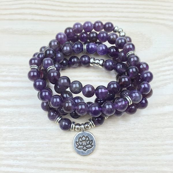 SN1147 Améthyste 108 Mala Om Bouddha Bracelet ou Collier Reiki Chargé Bouddhiste Chapelet Yoga Bracelet 4 Wrap Bracelet En Pierre Naturelle