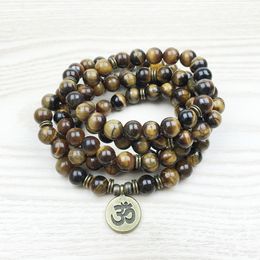 SN1148 Mode Tijgeroog 108 Mala Armband Om Boeddha Armband of Ketting Yoga Armband 4 Wrap Natuursteen Armband