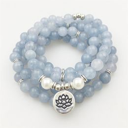 Bracelet ou collier en pierre bleue pour femmes, Design SN1205, 8mm, 108 perles Mala, breloque Lotus, Yoga, 313y