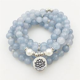 SN1205 Design Women's Women's 8 mm Blue Stone 108 Mala Beads Bracelet ou Collier Lotus Charm Yoga Bracelet173O